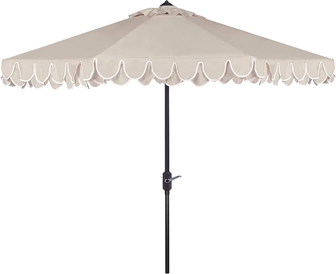 SAFAVIEH 9ft Outdoor Patio Umbrella, Round, Valance, Beige & White Trim, Auto Crank Tilt, UV Resistant for Deck, Backyard, Poolside (PAT8006C) by SAFAVIEH