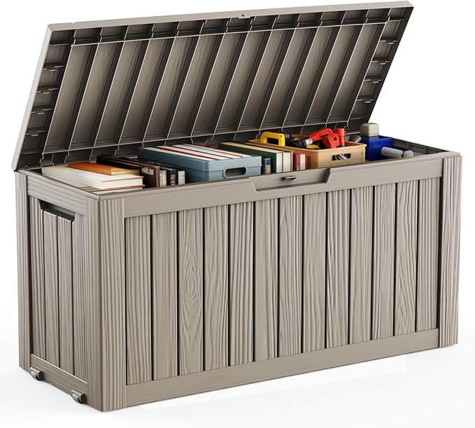 DRATO 75 Gallon Deck Box, Waterproof Resin Large Outdoor Storgae Box for Patio Furniture, Patio Cushions, Gardening Tools, Pool Supplies, Lockable（Gray，75 Gallon） by DRATOprovidesawarmandcozy