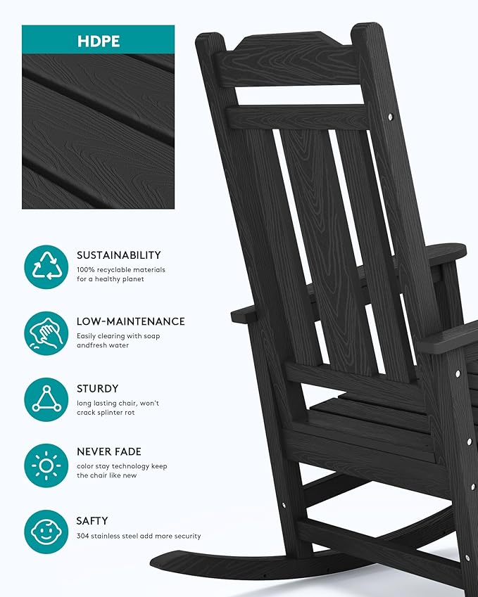 SERWALL Oversized Rocking Chair Set of 4 Outdoor, HDPE Outdoor Rocking Chair Set of 4, Black - Image 5