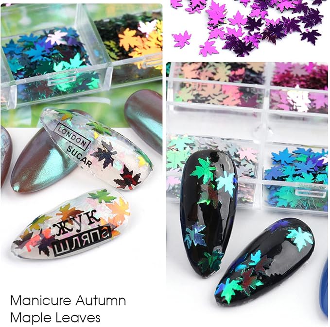 Maple Leaf Glitter Nail Art Sequins, 3D Fall Leaves Glitters Flakes Decor - Image 4