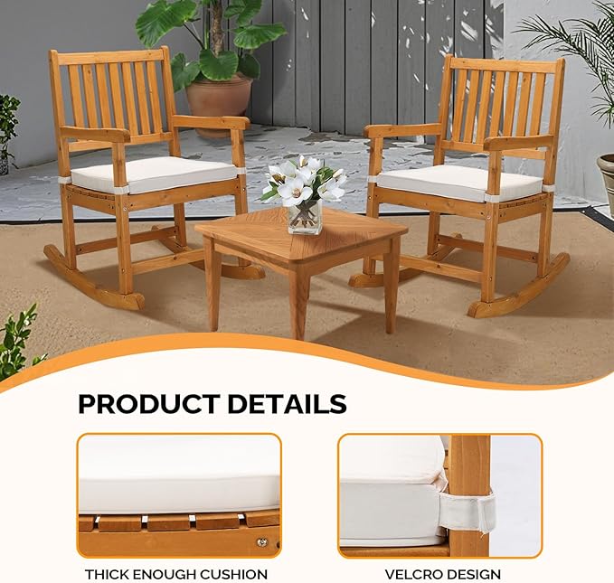 VINGLI Outdoor Rocking Chair, Weatherproof Rocker with Cushion, Wooden Rocking Bench Support 550 LBS for Patio, Yard, Garden, Outdoor or Indoors, Teak - Image 6