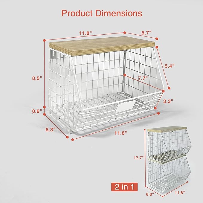 White Fruit Storage Basket for Kitchen Counter Set of 2, Wall Mount Wire Fruit - Image 7