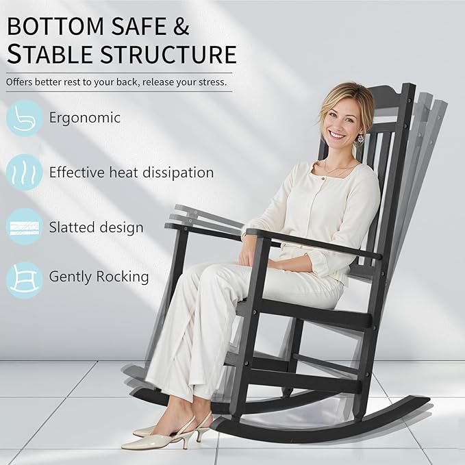 Patio Rocking Chair Outdoor Set of 4,Weather Resistant Poly Resin Oversized Porch Rocker,High Back Smooth Design,350lb Weight Capacity,Indoor Outdoor Use(4, Black) - Image 4