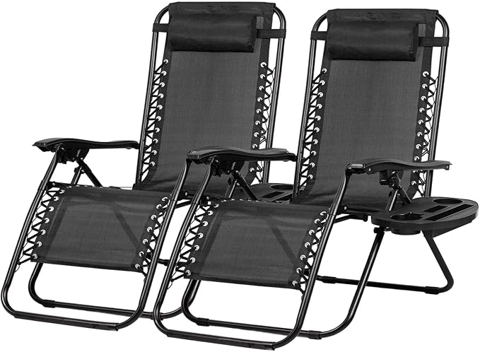 Nazhura Set of 2 Relaxing Recliners Patio Chairs Adjustable Steel Mesh Zero Gravity Lounge Chair Beach Chairs with Pillow and Cup Holder Black by NazhuraGoodCompanionAtHome