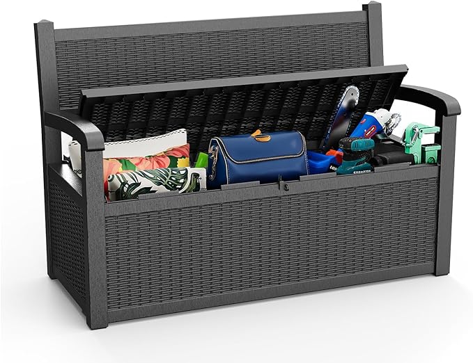 80 Gallon Outdoor Storage Bench Deck Box Waterproof Lockable,Outdoor Storage Furniture for Patio,Garden and Porch,Tools and Cushions（ Black） by OutdoorLivingPerfected
