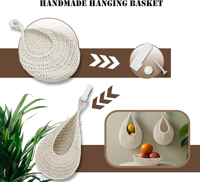 Hanging Fruit Large Basket Set of 3, Boho Wall Hanging Storage Basket - Image 7