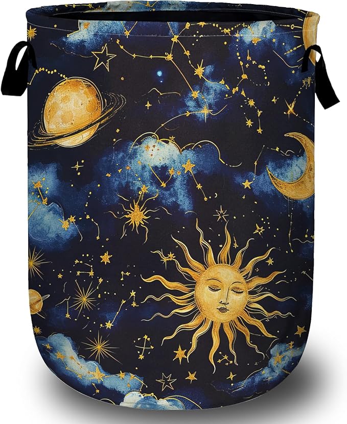 Sun Moon Laundry Basket, Foldable Cloudy Starry Night Laundry Hamper Tote Bag by Unknown