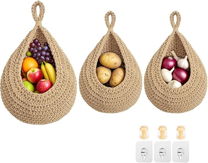 Halidali Hanging Fruit Baskets for Kitchen, 3 Pack Boho Cotton Rope Handwoven by Unknown