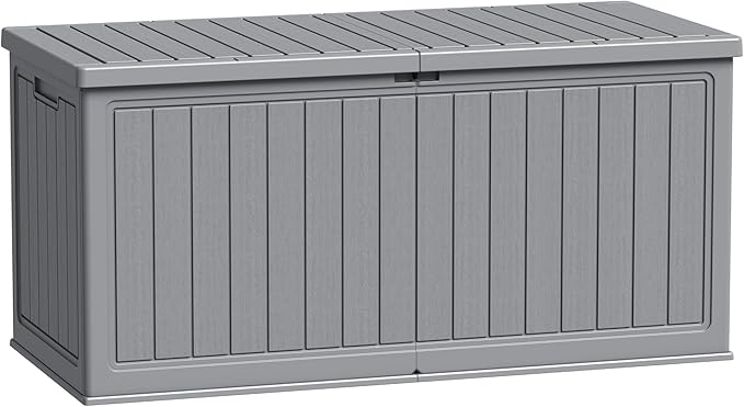Flamaker Resin Deck Box 270 Gallon, Waterproof Imitation-Wood Lockable Storage Box with Separator Plate Outdoor Indoor, Garden, Patio Furniture for Tools&Pool Accessories (Gray) by Flamaker
