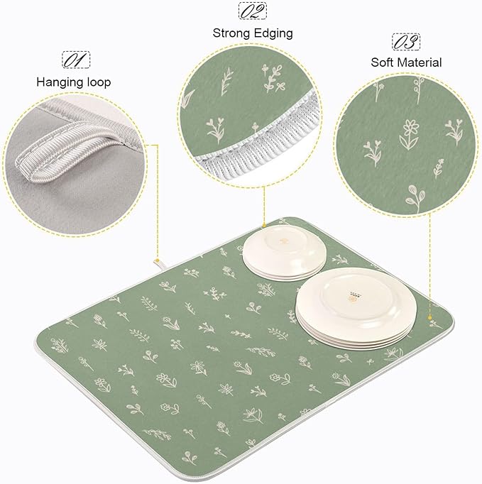 Sage Green Dish Drying Mat Quick Absorbent 18x24 Doodled Botany Flowers Leaves - Image 4