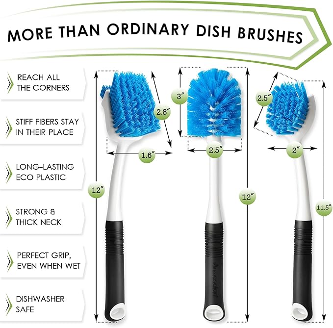 Dish Brush Set of 3 with Water Bottle Brush, Dish Scrub Brush and Scrubber Brush - Image 2