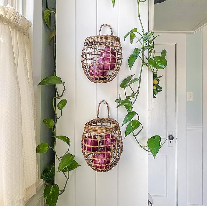 Elsjoy Set of 2 Hanging Onion Basket, Wall Mount Small Wicker Baskets - Image 9