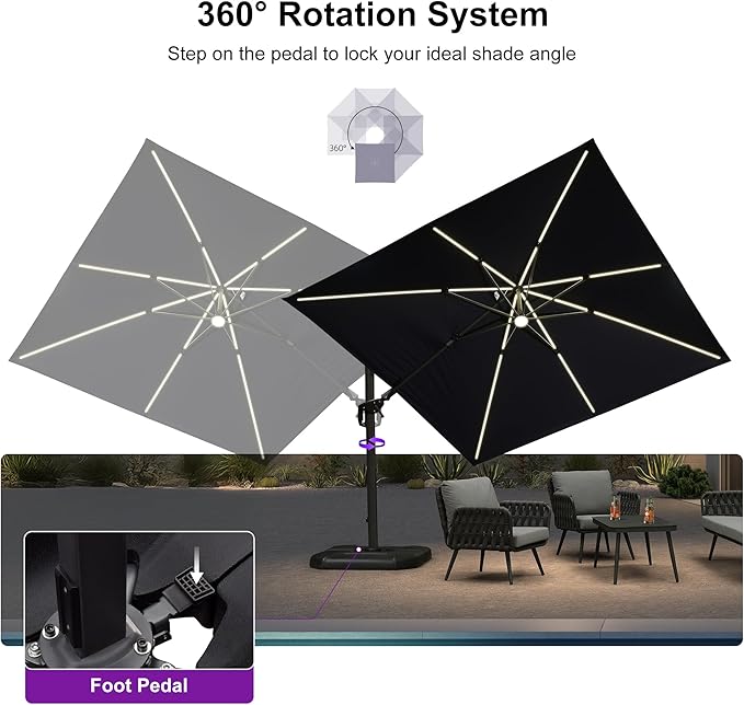PURPLE LEAF 10 Feet Patio Umbrella with Base Outdoor Patio Solar Powered LED Swivel Square Umbrella Aluminum Offset Umbrella with 360-degree Rotation for Garden Deck Pool Patio, Navy Blue - Image 8
