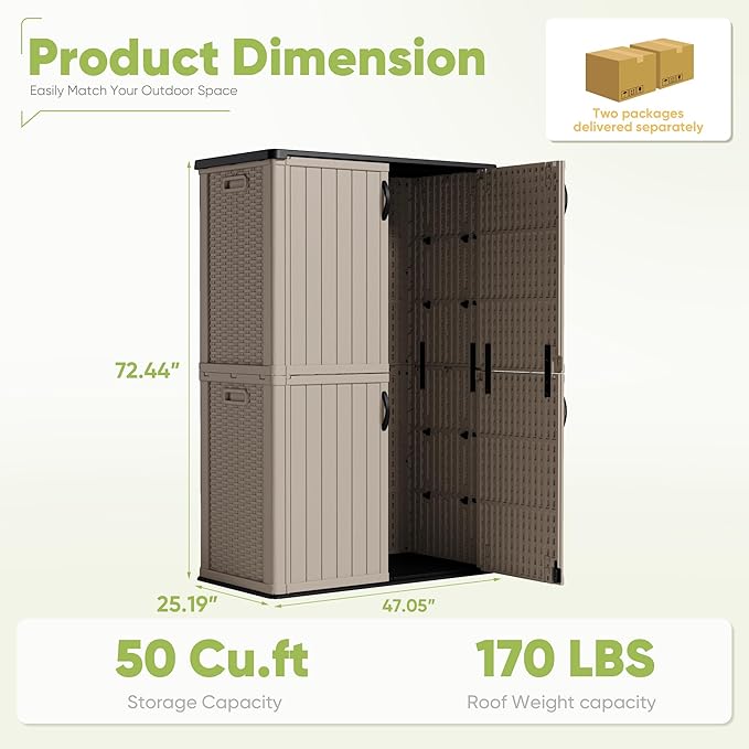 Devoko Outdoor Storage Cabinet 50 Cu Ft with Lockable Doors, Vertical Storage Shed Waterproof Patio Tools Storage Box for Sofa Cushions, Gardening Tools and Accessories (Beige) - Image 6