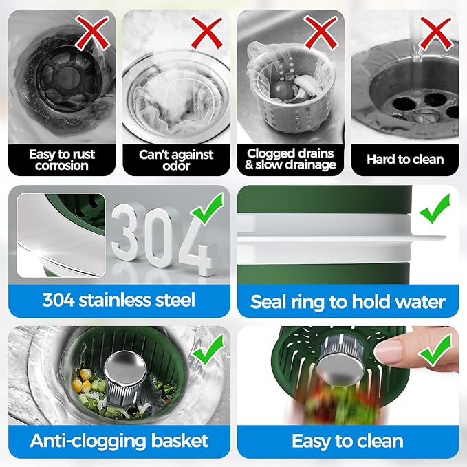 Upgraded 3in1 Kitchen Sink Drain Strainer & Sink Stopper, Stainless Steel - Image 7