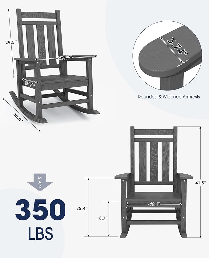 KINGYES Oversized Outdoor Rocking Chair, All-Weather Patio Rocking Chairs for Porch, HDPE Outdoor Patio Rockers with High Back & Wide Seat for Garden, Lawn, Gray - Image 3