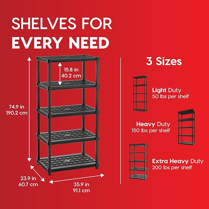 IRIS USA 5-Shelf Extra Heavy Duty Deep Plastic Storage Shelves, 1000lb Capacity, 75" H x 36" W x 24" D, Large Modular Shelving Unit Storage Organizer for Garage, Home, Warehouse & Gym, Rack - Black - Image 2
