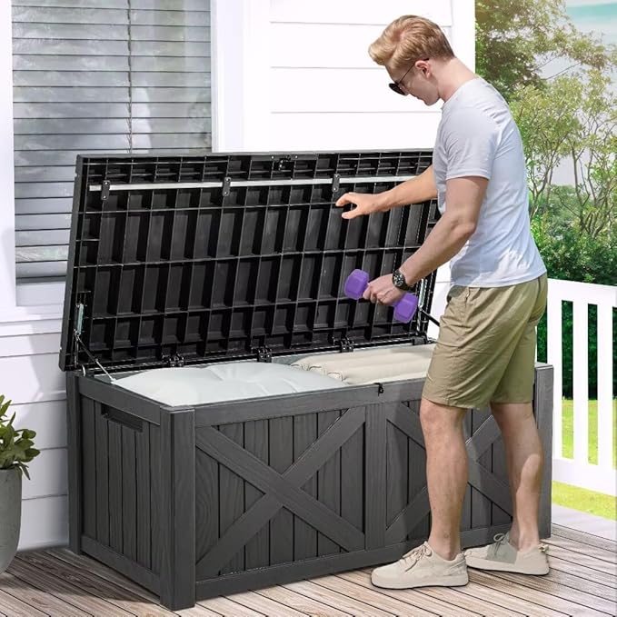 YITAHOME 150 Gallon Large Deck Box with X-Shaped Front, Resin Outdoor Storage Boxes, Waterproof Cushion Storage Bench for Patio, Pool Supplies, Garden Tools - Lockable, Dark Gray - Image 3