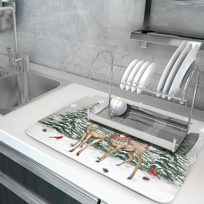 Winter Deer Dish Drying Mat Pine Tree Absorbent Dish Dry Pad Seasonal - Image 5