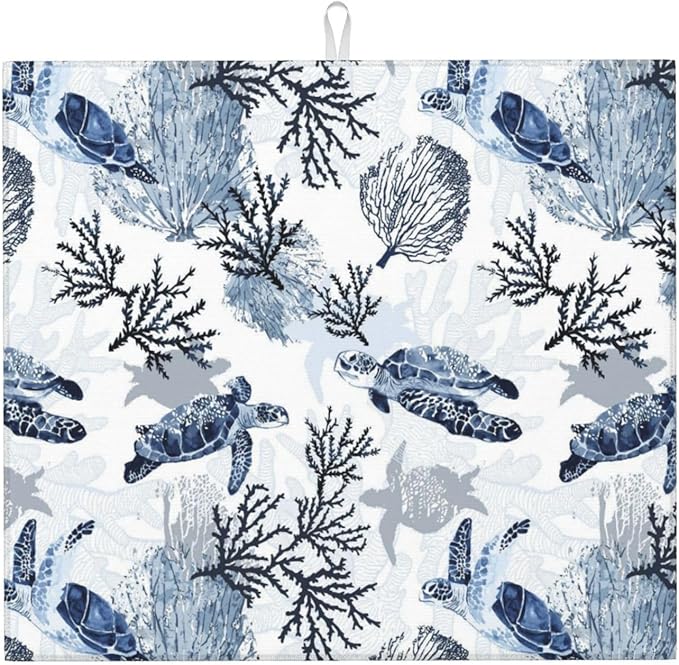 Nautical Blue White Sea Turtle & Coral Dish Drying Mats by Unknown