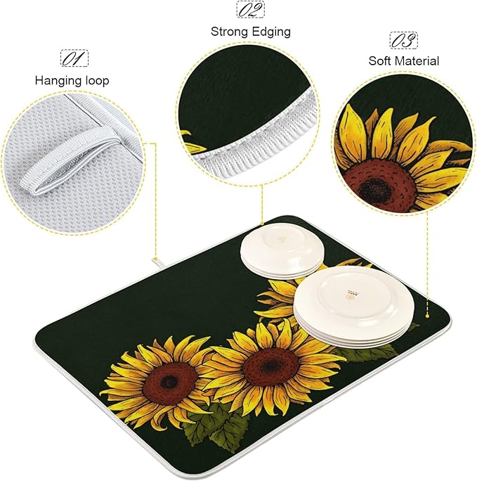 ALAZA Sunflower with Leaves On Dark Dish Drying Mat - Image 4