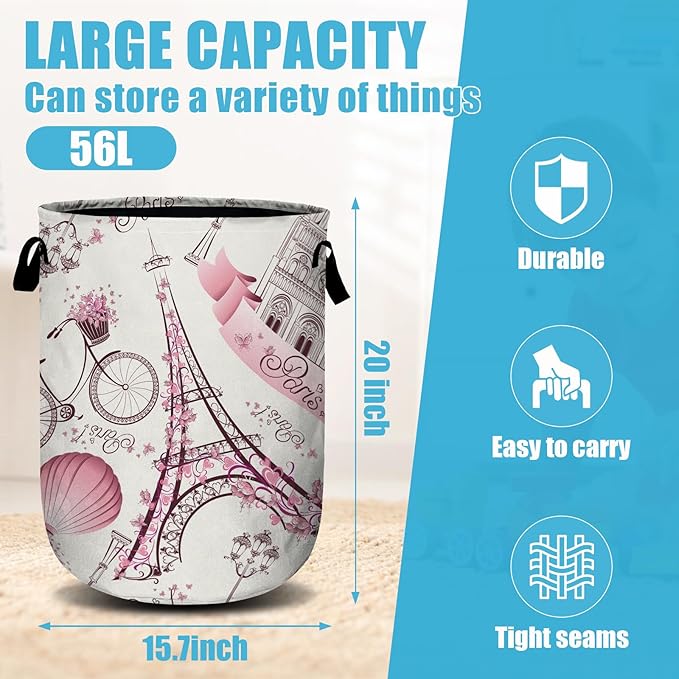 Romantic Paris Eiffel Tower Laundry Basket, Laundry Hamper Collapsible Oxford - Image 2