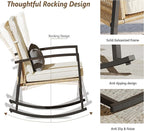 3 Piece Patio Rocking Chairs Set of 2, Outdoor Rocking Chair Bistro Set with Tempered Glass Coffee Table and Thick Lumbar Pillow Set, Front Porch Chairs for Garden, Backyard (Basic) - Image 4