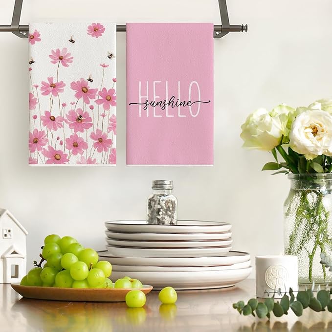 Artoid Mode Pink Flowers Bee Hello Sunshine Spring Kitchen Towels Dish Towels - Image 2