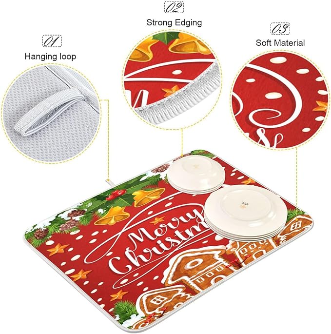 Christmas Gingerbread Holly Berry Santa Bell Dish Drying Mat - Image 4