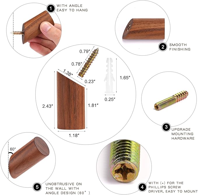 Wood Wall Hooks, 6 Pack Natural Wooden Coat Hooks Wall-Mounted, Rustic Heavy - Image 6