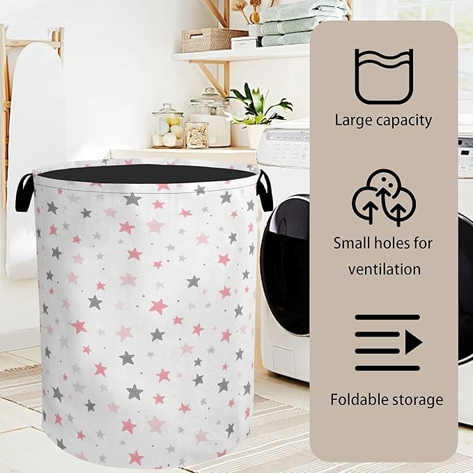 Cute Pink Stars Foldable Canvas Laundry Basket - Image 7