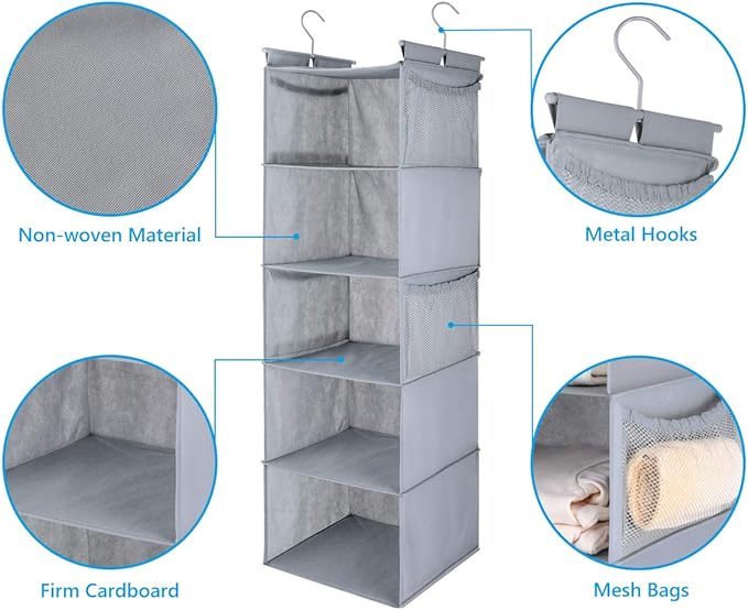 MAX Houser 5 Shelf Hanging Closet Organizer, Space Saver, Closet Hanging Shelves - Image 5