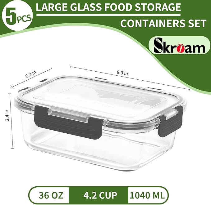Skroam 5-Packs 36OZ Glass Food Storage Containers - Image 2
