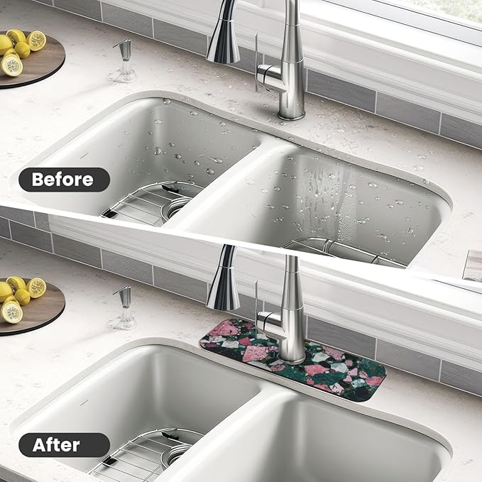 Faucet Draining Mat For Kitchen Sink, Terrazzo Dark Green Diatom Mud Absorbent - Image 3