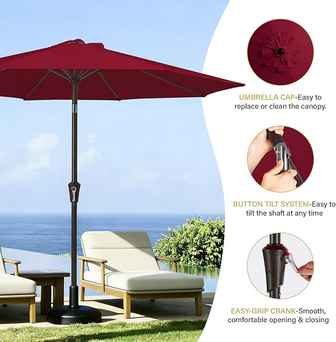 MEWAY 9ft Patio Umbrella Outdoor Table Umbrellas with Push Tilt and Crank, Market Umbrella 8 Sturdy Ribs for Deck, Garden, Pool and Backyard, Cherry Red - Image 5