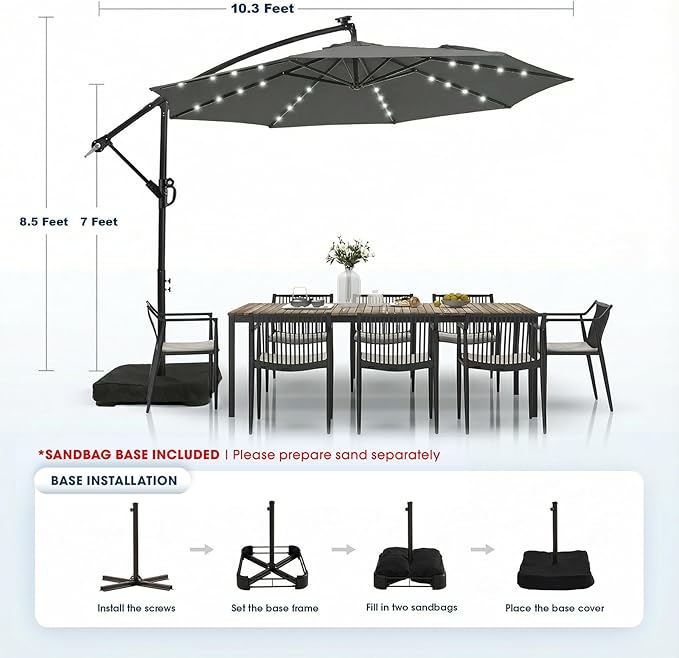 wikiwiki 10ft Solar LED Patio Umbrella with Base Included, Offset Umbrella with Weighted Sandbag Base, Cantilever Patio Umbrella for Backyard, Garden & Deck, 32 LED Lights & Polyester Shade, Dark Gray - Image 5