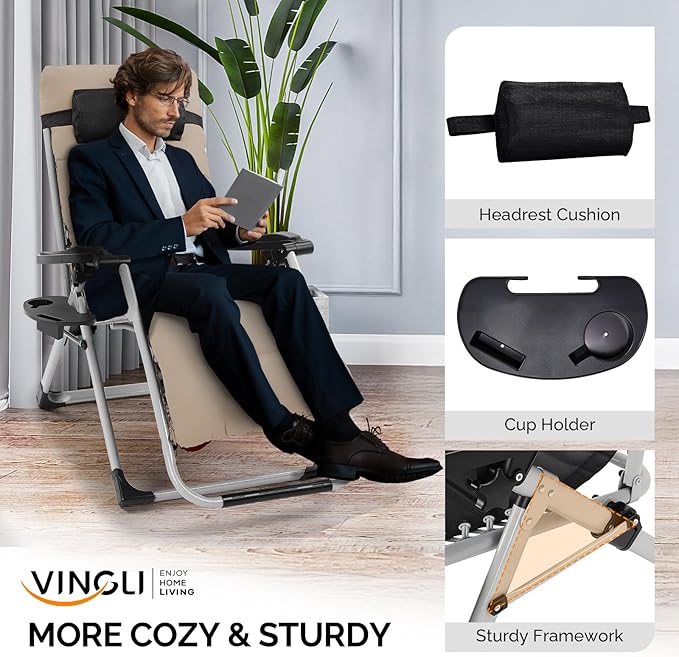 VINGLI Padded Zero Gravity Chair, Lounge Chair with Removable Cushion & Tray， Folding Reclining Patio Chairs， Recliner Chair for Lawn，Indoor Outdoor-Khaki - Image 4