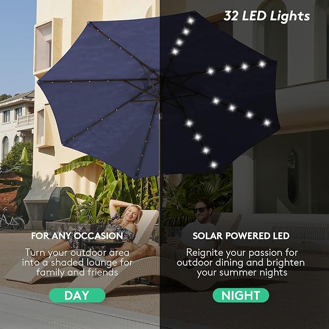 JEAREY 9FT Outdoor Patio Umbrella with Solar Lights, LED Lighted Pool Umbrella with Tilt and Crank, Outdoor Table Umbrellas for Deck, Yard & Market (9ft, Navy Blue) - Image 2