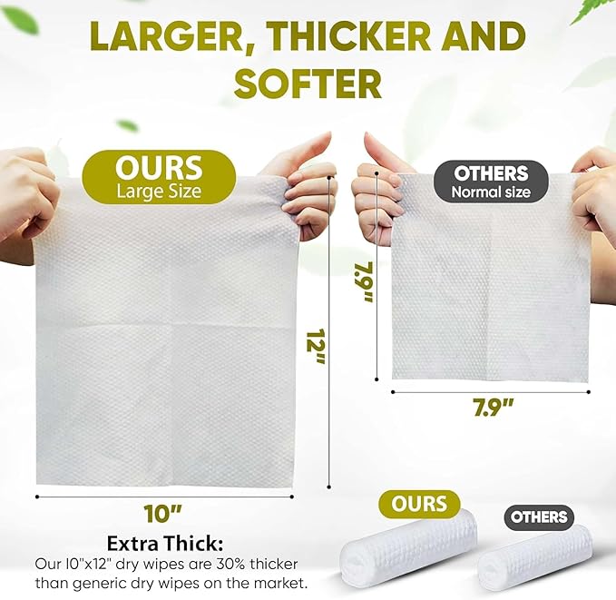Disposable Face Towels – 100 Count XL 10”x12” Biodegradable Dry Wipes | Ultra - Image 3