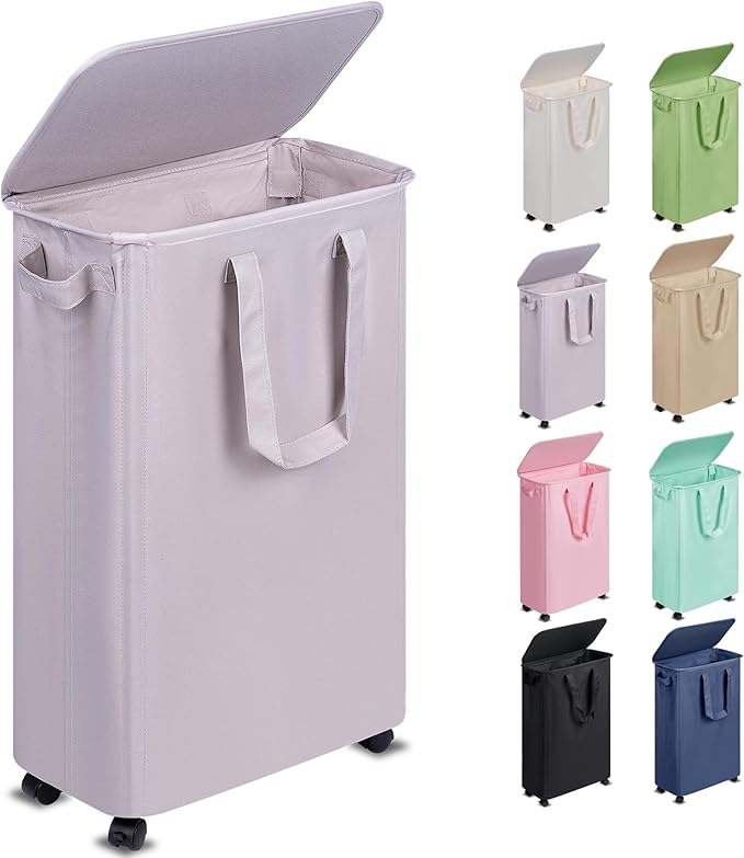Slim Laundry Hamper with Lid and Wheels, Small Rolling Laundry Basket with by Vincona