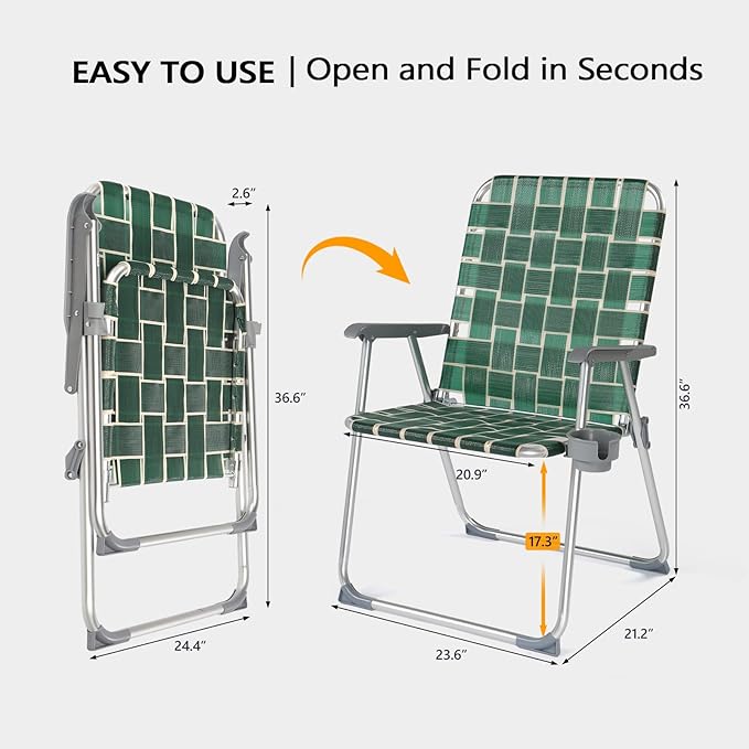 VINGLI Folding Webbed Oversized Lawn Chairs with Detachable Cup Holder, 300 LBS High Beach Chair for Adults Heavy Duty, Portable Aluminum Patio Chair for Yard, Garden, 2 Pack,Dark Green - Image 7