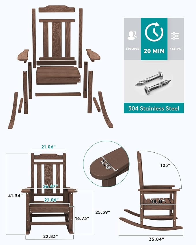 SERWALL Outdoor Rocking Chair Set of 6, Patio Rocking Chairs Set, HDPE Rocking Chair Outdoor for Adults, Heavy Duty Front Porch Rocker, Coffee - Image 2