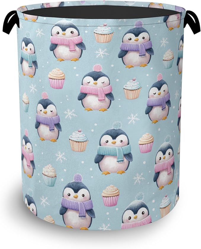 Cute Penguin Laundry Basket, Snowflake Cake Foldable Oxford Cloth Tote Bag by Unknown