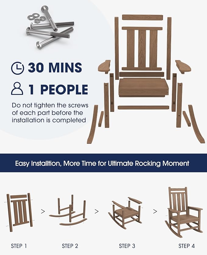 KINGYES Oversized Outdoor Rocking Chair Set of 4, All-Weather Patio Rocking Chairs for Porch, HDPE Outdoor Patio Rockers with High Back & Wide Seat for Garden, Lawn, Brown - Image 6
