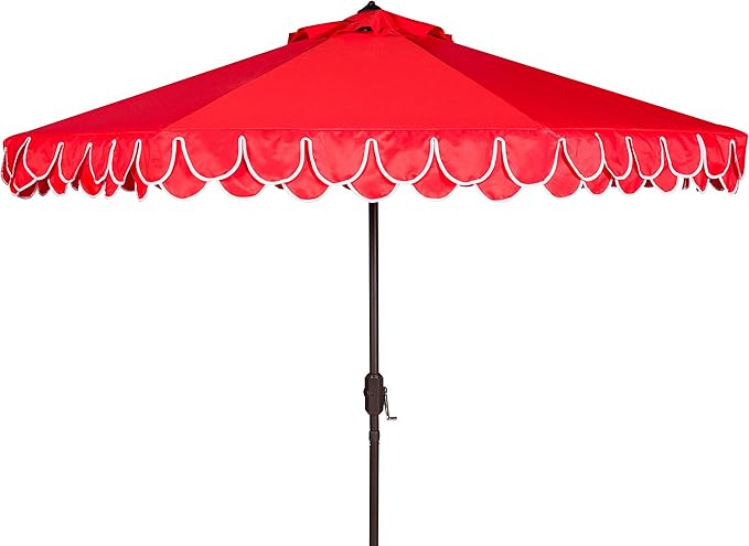 SAFAVIEH 9ft Outdoor Patio Umbrella, Round, Valance, Red & White Trim, Auto Crank Tilt, UV Resistant for Deck, Backyard, Poolside (PAT8006D) by SAFAVIEH