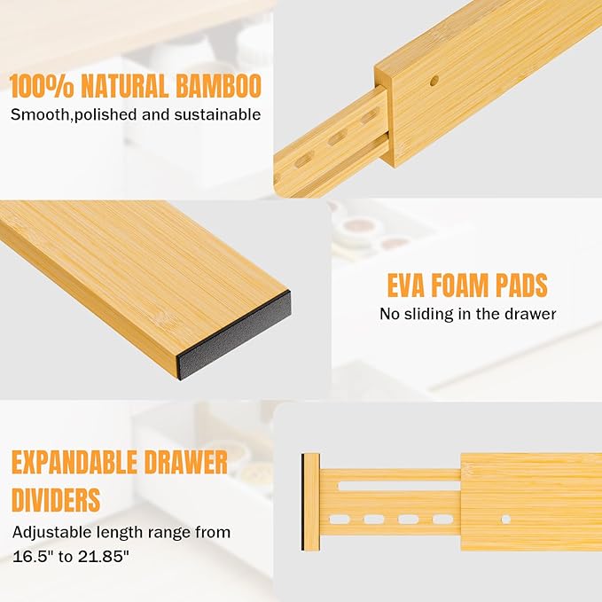 Bamboo Drawer Dividers 4" High, 16.5-22" Adjustable Drawer Organizers - Image 8