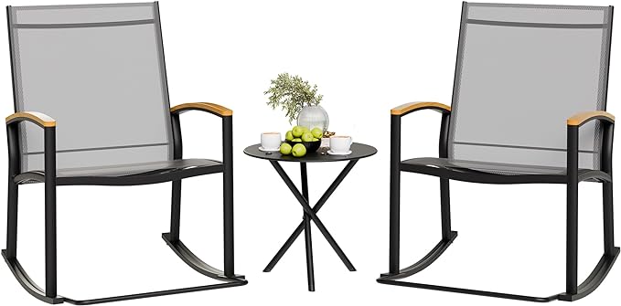 Shintenchi 3 Piece Outdoor Rocking Bistro Set, Textilene Fabric Small Patio Furniture Set, Front Porch Rocker Chairs Conversation Set with Table for Lawn, Garden, Balcony, Poolside (Light Gray) by Shintenchi