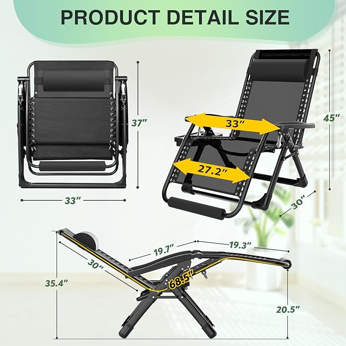 Suteck Oversized Zero Gravity Chair,33In XXL Outdoor Recliner Chair w/Removable Cushion&Headrest, Camping Lounge Chair w/Upgraded Lock&Footrest, Reclining Patio Chairs for Indoor Outdoor,500LBS - Image 2