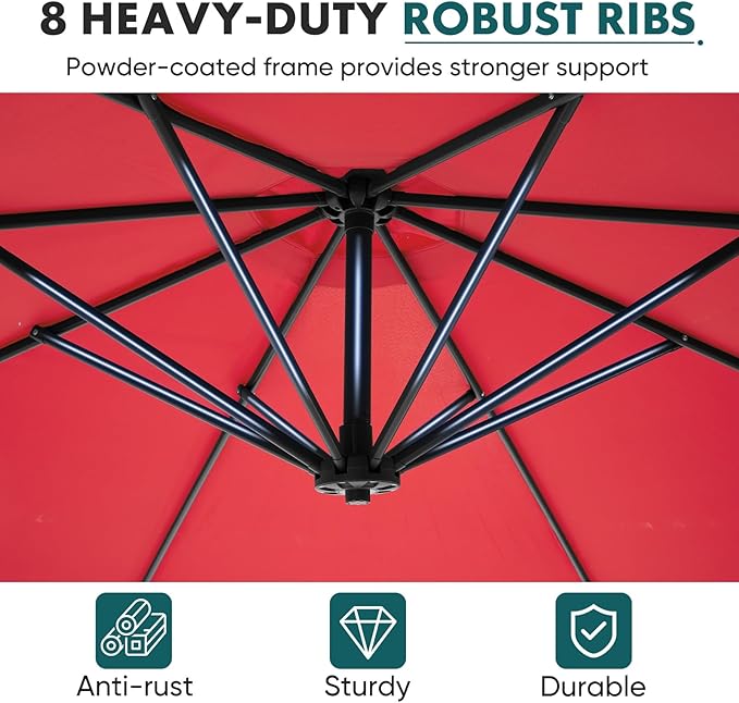 OLIXIS Offset Patio Umbrella, 9.7FT Cantilever Table Umbrellas for Outdoor Sun Shade UV Protection with Easy Tilt Adjustment, 8 Ribs for Backyard, Lawn, Garden, Pool - Red - Image 4