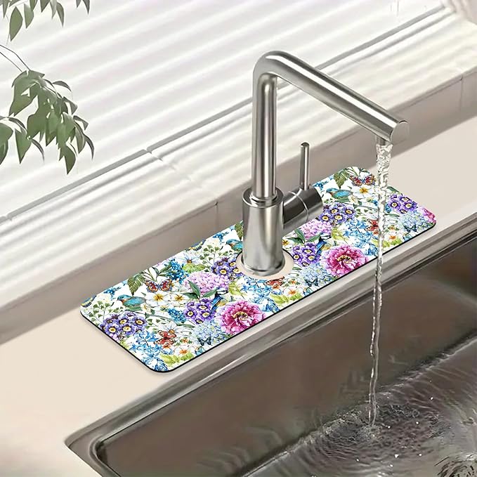 Beautiful Floral Kitchen Sink Splash Guard Faucet Mat Flower Bird Butterfly by Unknown